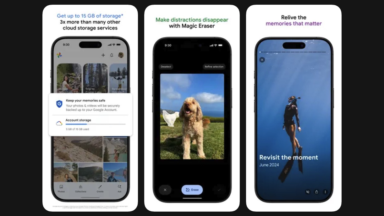 Marketing images showing Google Photos features