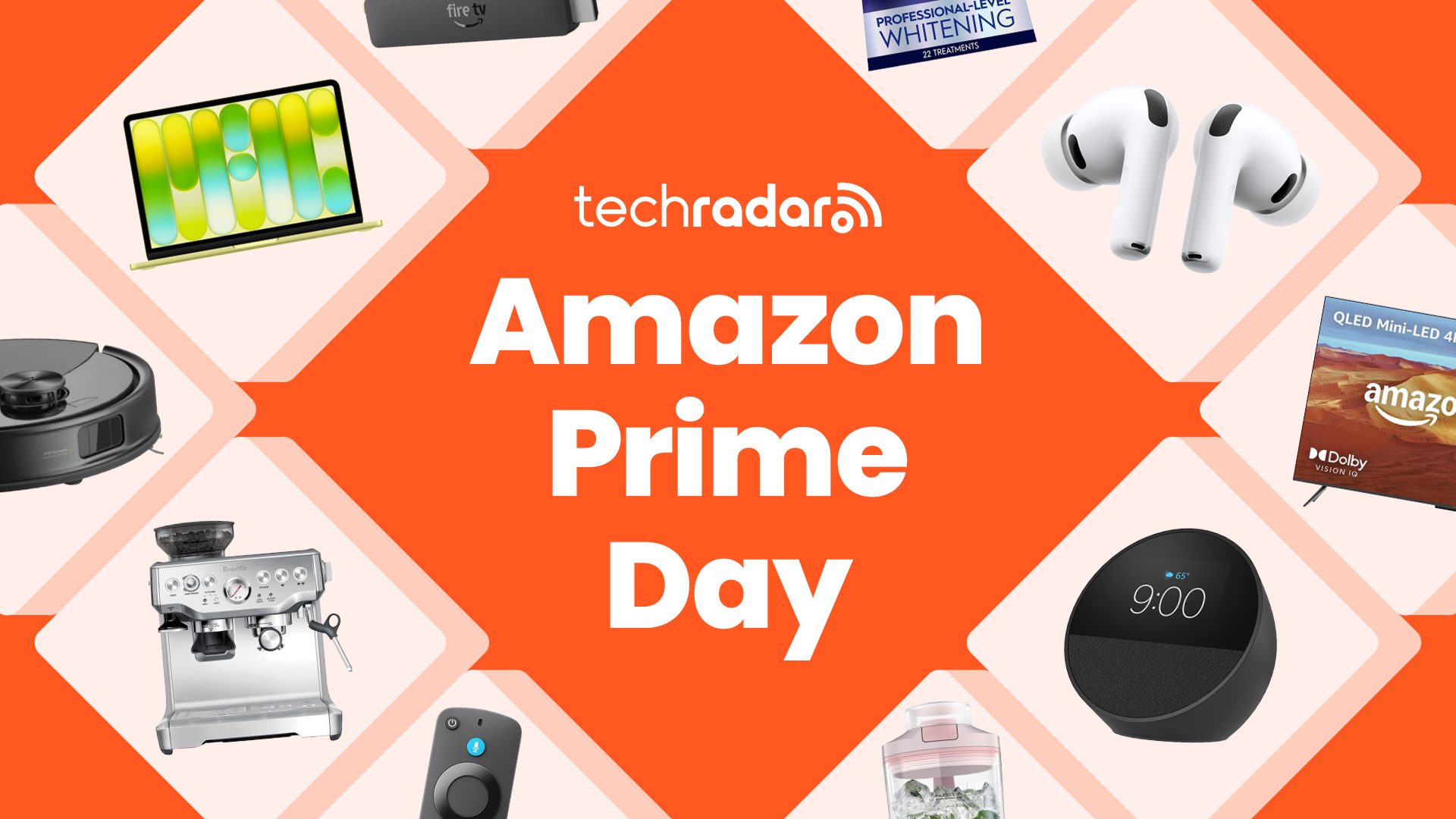 Collage of tech from the Amazon Prime Day sale including a MacBook, Sage coffee machines, AirPods and Echo Spot with the TechRadar logo in the middle