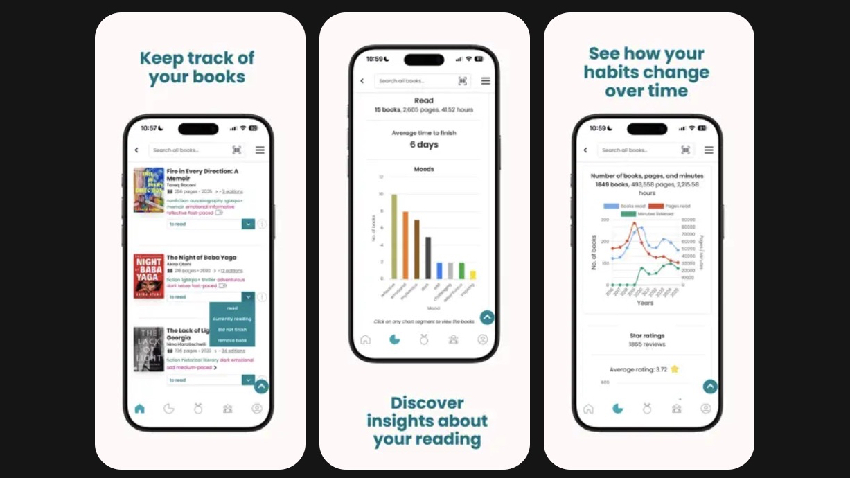 Marketing images showing StoryGraph features