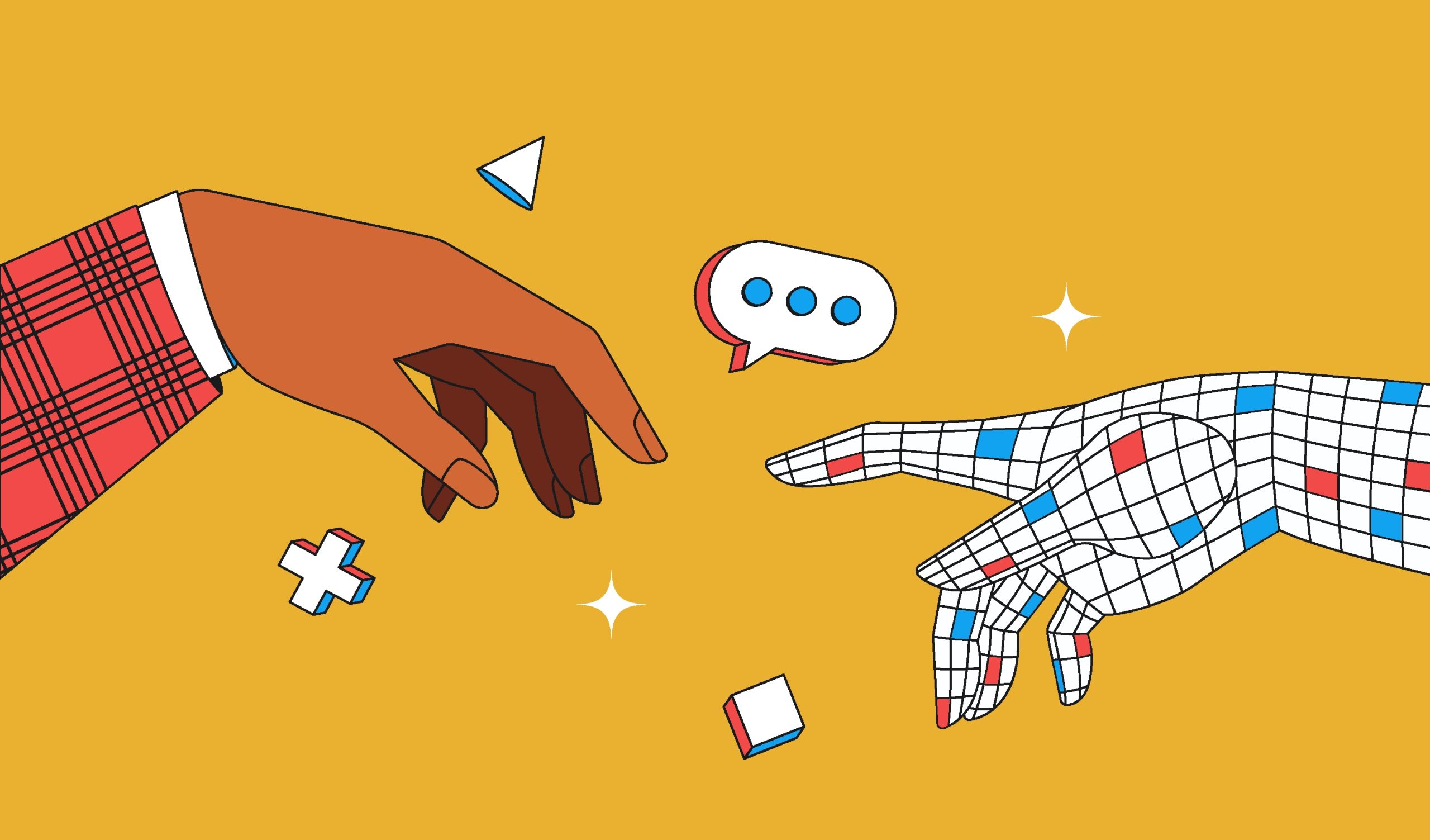 Human hand and AI hand getting contact on the yellow background.