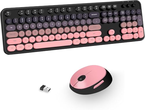 Youker Wireless Keyboard and Mouse Combo, 2.4ghz Usb Wireless Connection Retro Keyboard With Numeric Keypad and Optical Mice Set, Colorful Keyboard With Stylish Round Keys Windows Xp/7/8/10/11/macos