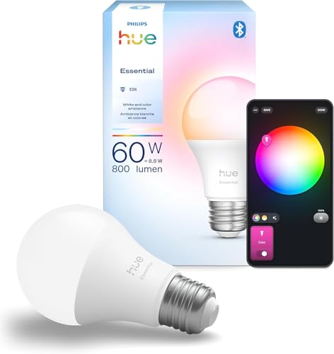 Philips Hue Essential Smart Led A19 Bulb, White and Color Ambiance, E26 Base, 8.8w, 2200k-6500k, 800 Lumens, Dimmable, Works With Alexa, Google, and Apple Home, 1-Pack