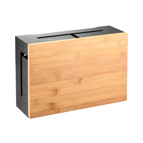 Bamboo Cable Management Box With Magnetic Lid - 12,6x7,8x4.3 in - Durable Cable Organizer to Hide Cords & Power Strip - Wall Mountable - Including Hardware - for Home, Office, Desk & More (black)