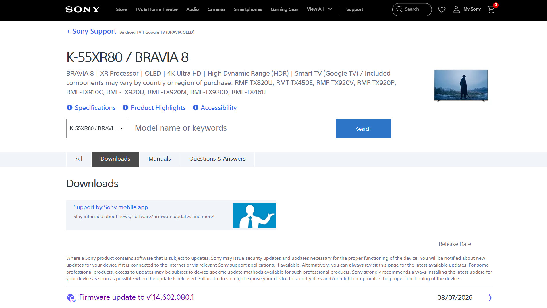 Sony TV firmware web page