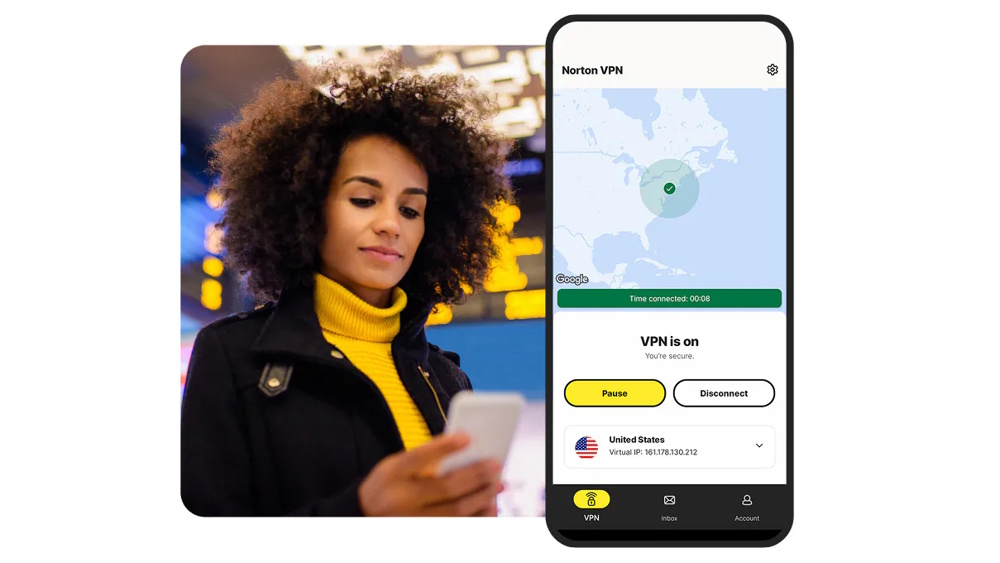 A composite image showing a woman using a smartphone and then Norton VPN interface displayed on an Android mobile.