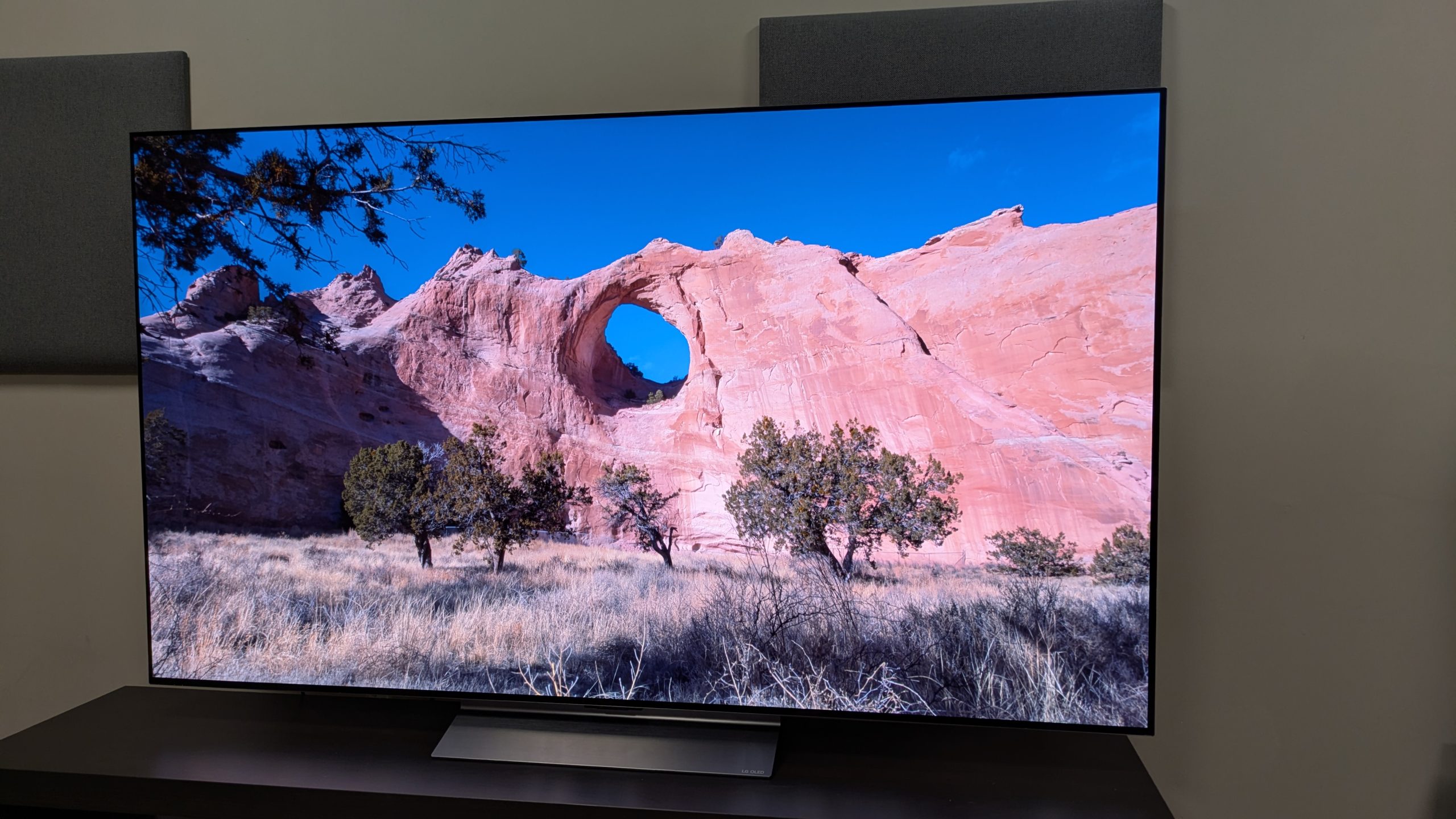 The LG C6 OLED TV with a canyon in the sunlight on screen, taken from an angle. The shot shows off the C6's bold brightness