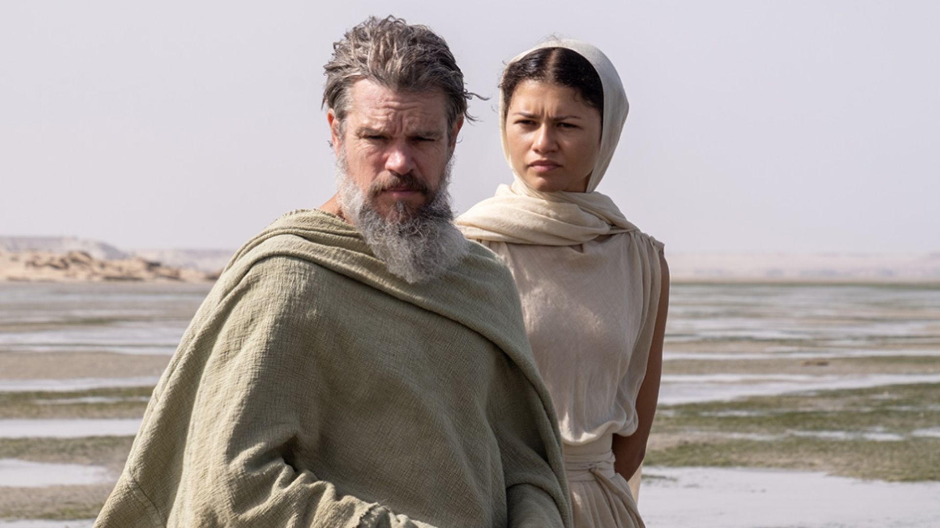 Odysseus and Athena stand on a beach
