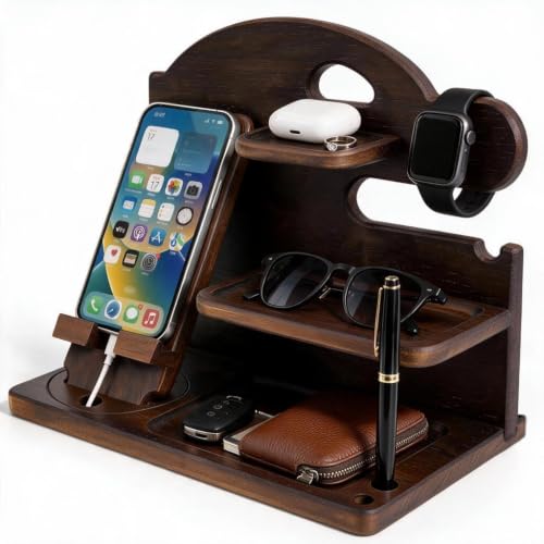 Wooden Nightstand Organizer With Phone Stand, Solid Wood Desk Organizer for Phone, Watch, Glasses, Wallet & Keys, Gift for Men