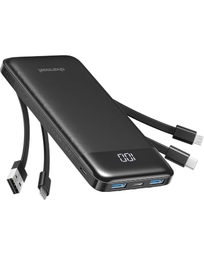Charmast 10000mah Power Bank Built in 4 Cables, Slim Usb C Portable Charger, Led Display External Battery Pack With 6 Output and 3 Input, Compatible With Iphone, Samsung, Tablets and More