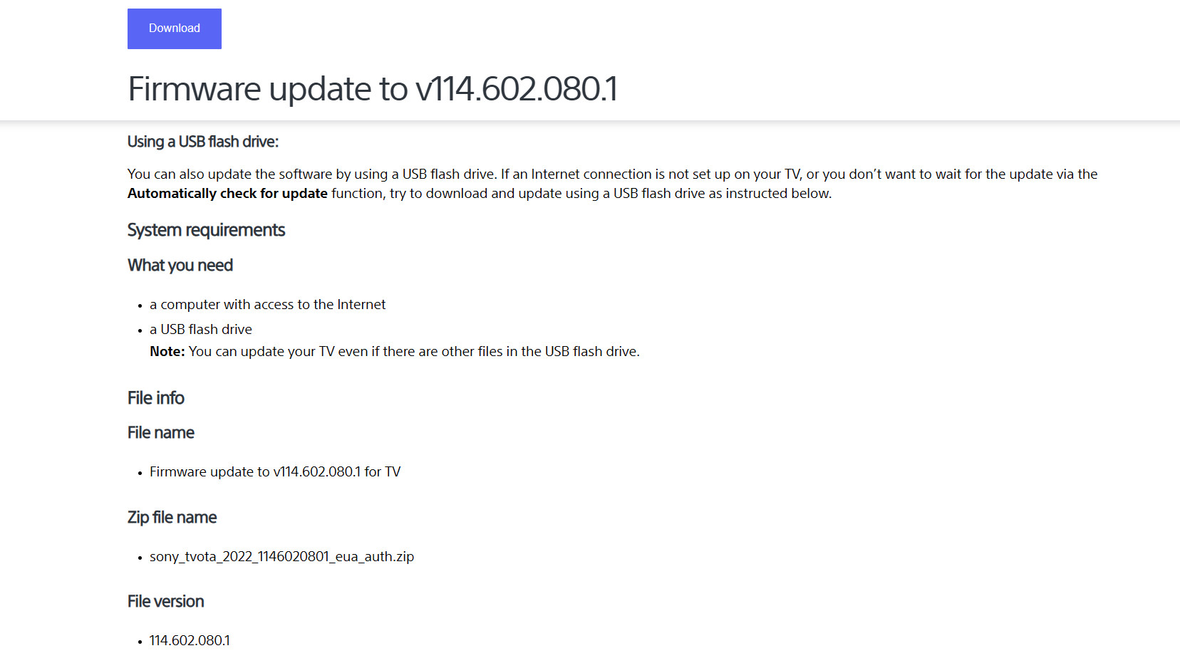 Sony TV firmware web page showing download link