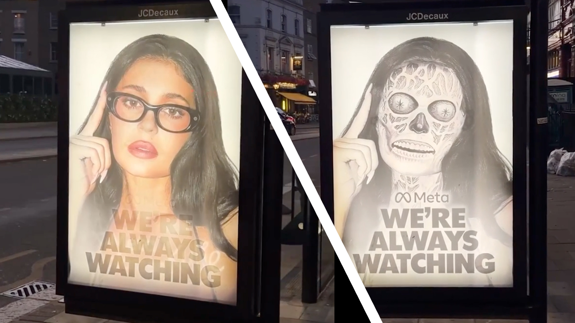 Fake bus stops ads in London showing Meta smart glasses