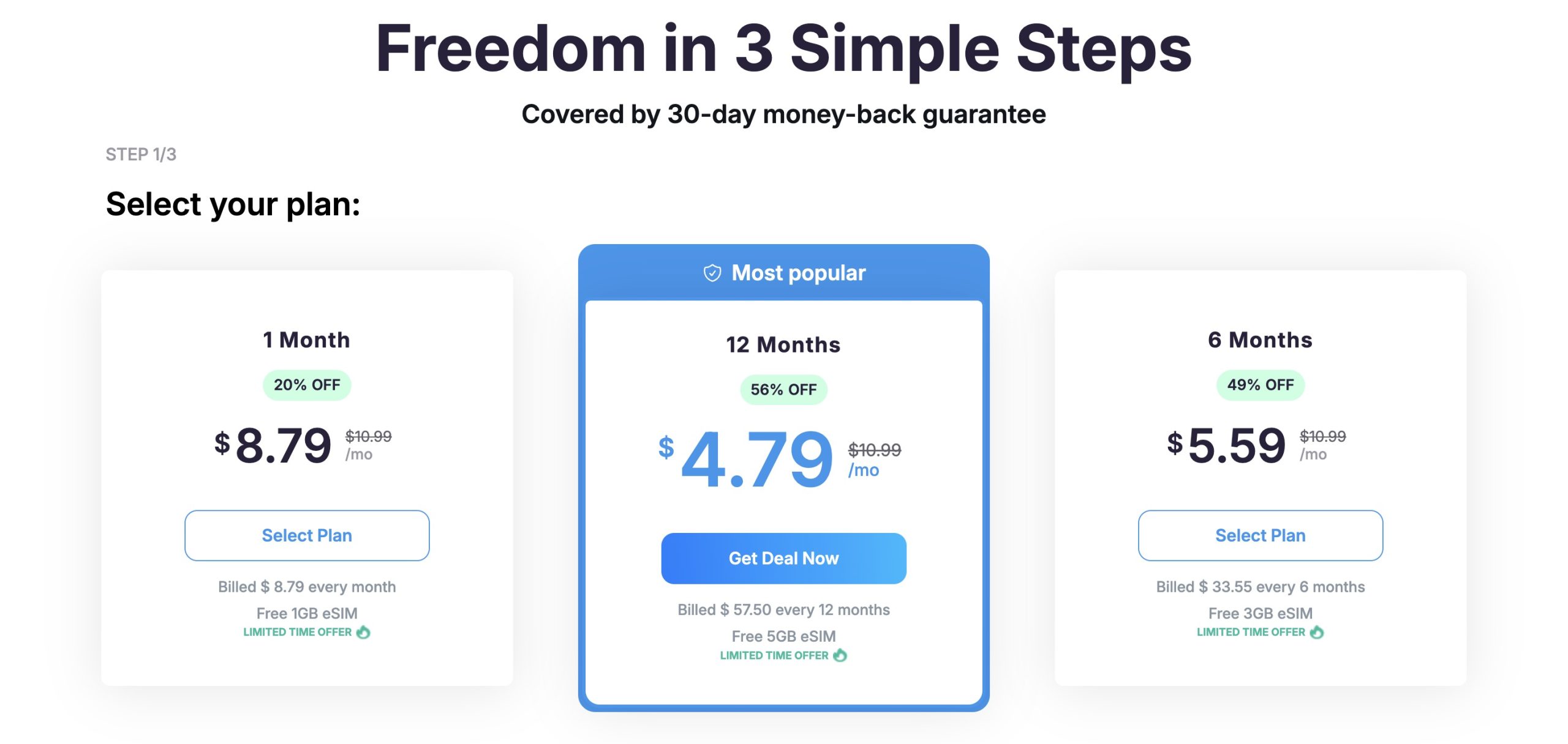 VPN Super Unlimited pricing for one month, six month, and 12 month plans