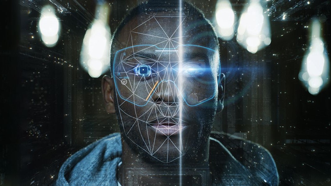 AI facial recognition tech concept on man face