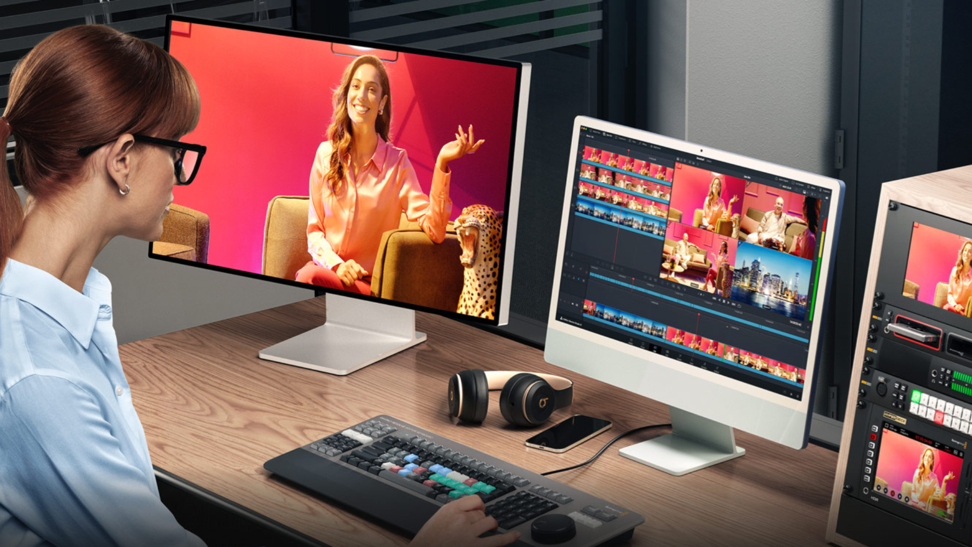 A creator in front of two monitors displaying DaVinci Resolve