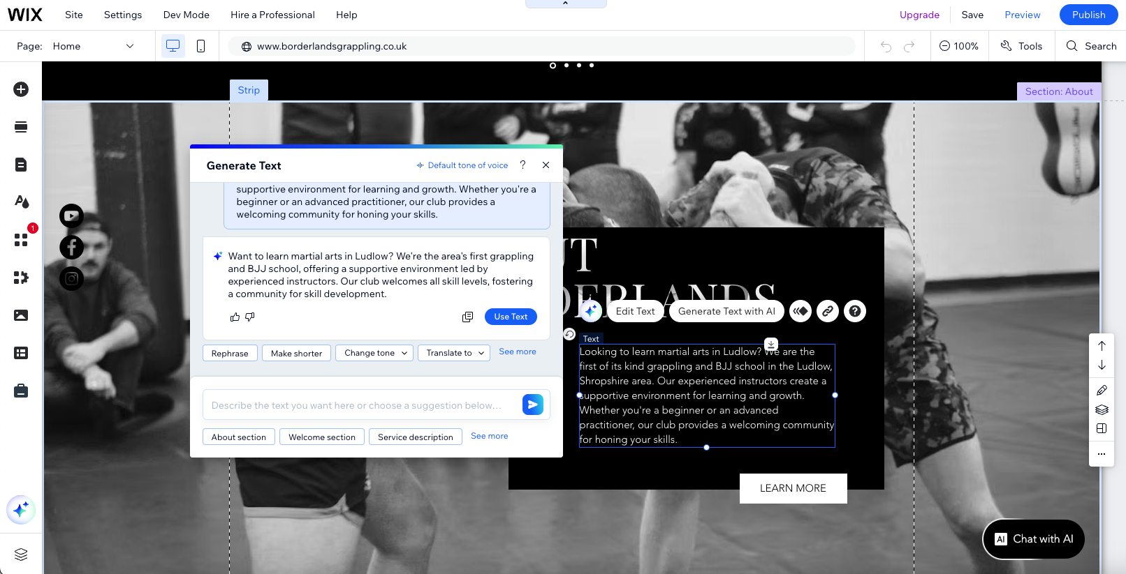 Screenshot of Wix Ai writer being used on borderlands grappling website