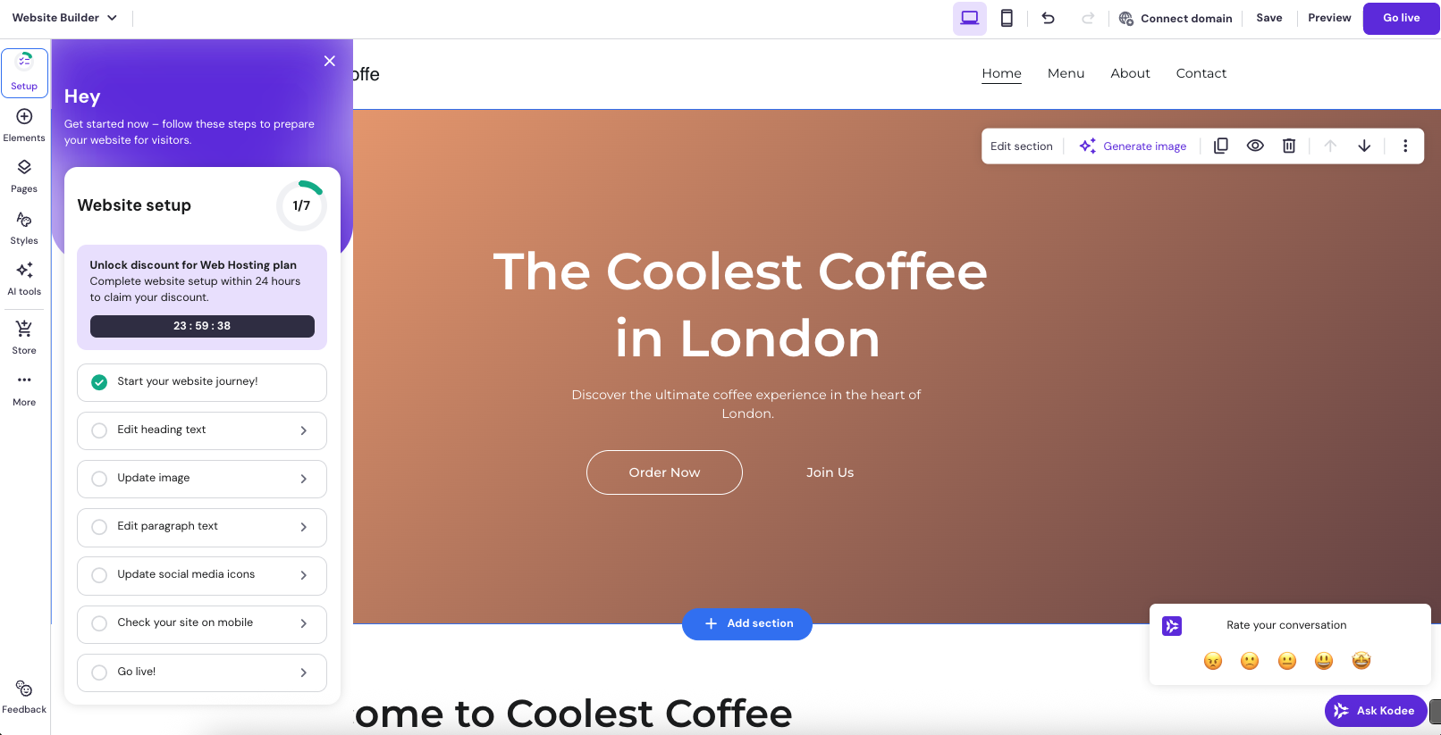 Screeshot of hostinger website builder in use